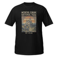 Explore Medieval Europe National Park with this vintage retro history t-shirt featuring a knight and castle design. Perfect for history buffs, medieval enthusiasts, Renaissance fair fans, and castle lovers. ⚔️🏰📜