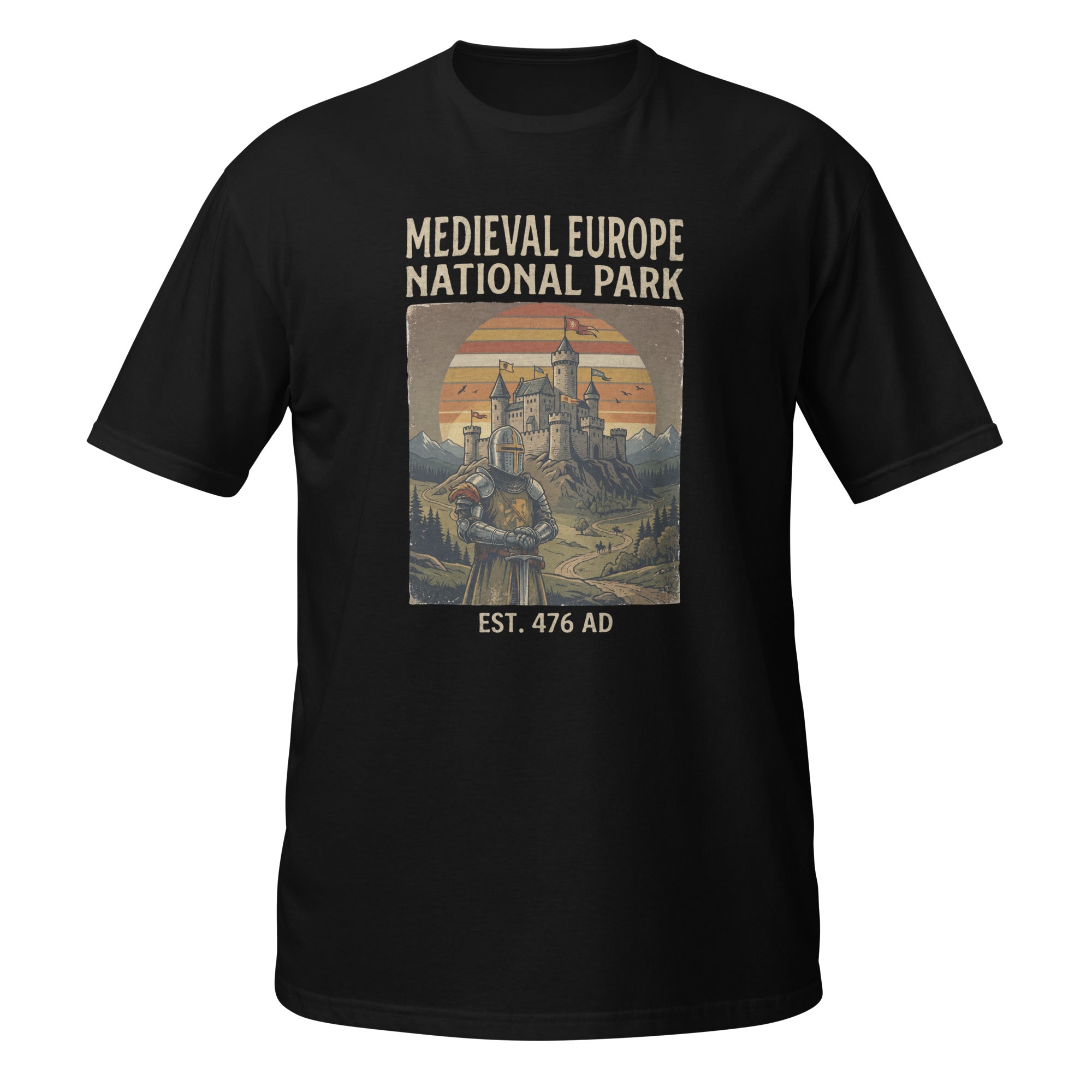 Explore Medieval Europe National Park with this vintage retro history t-shirt featuring a knight and castle design. Perfect for history buffs, medieval enthusiasts, Renaissance fair fans, and castle lovers. ⚔️🏰📜