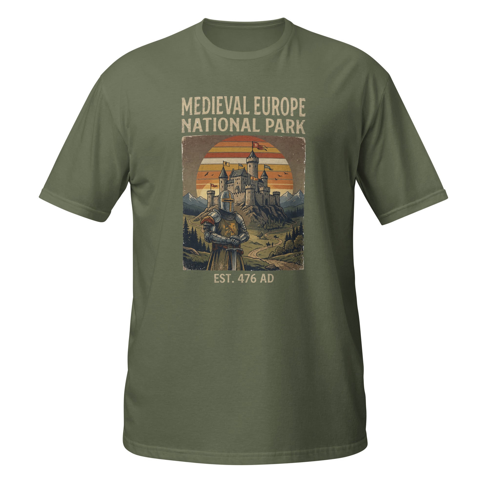 Explore Medieval Europe National Park with this vintage retro history t-shirt featuring a knight and castle design. Perfect for history buffs, medieval enthusiasts, Renaissance fair fans, and castle lovers. ⚔️🏰📜