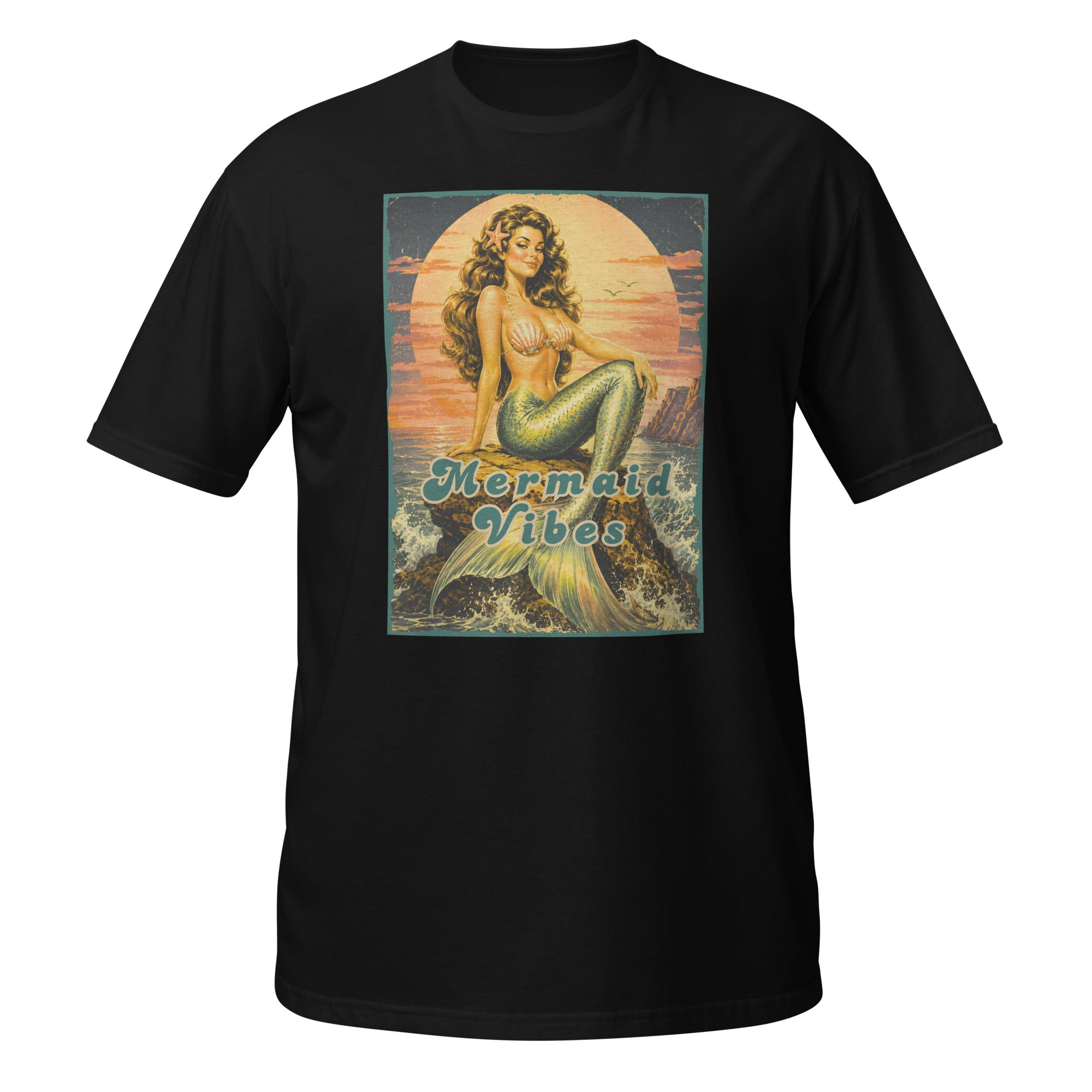 Channel your inner ocean goddess with this vintage-inspired Mermaid Vibes t-shirt featuring retro 70s pinup mermaid art and dreamy coastal vibes. 🐚✨ 