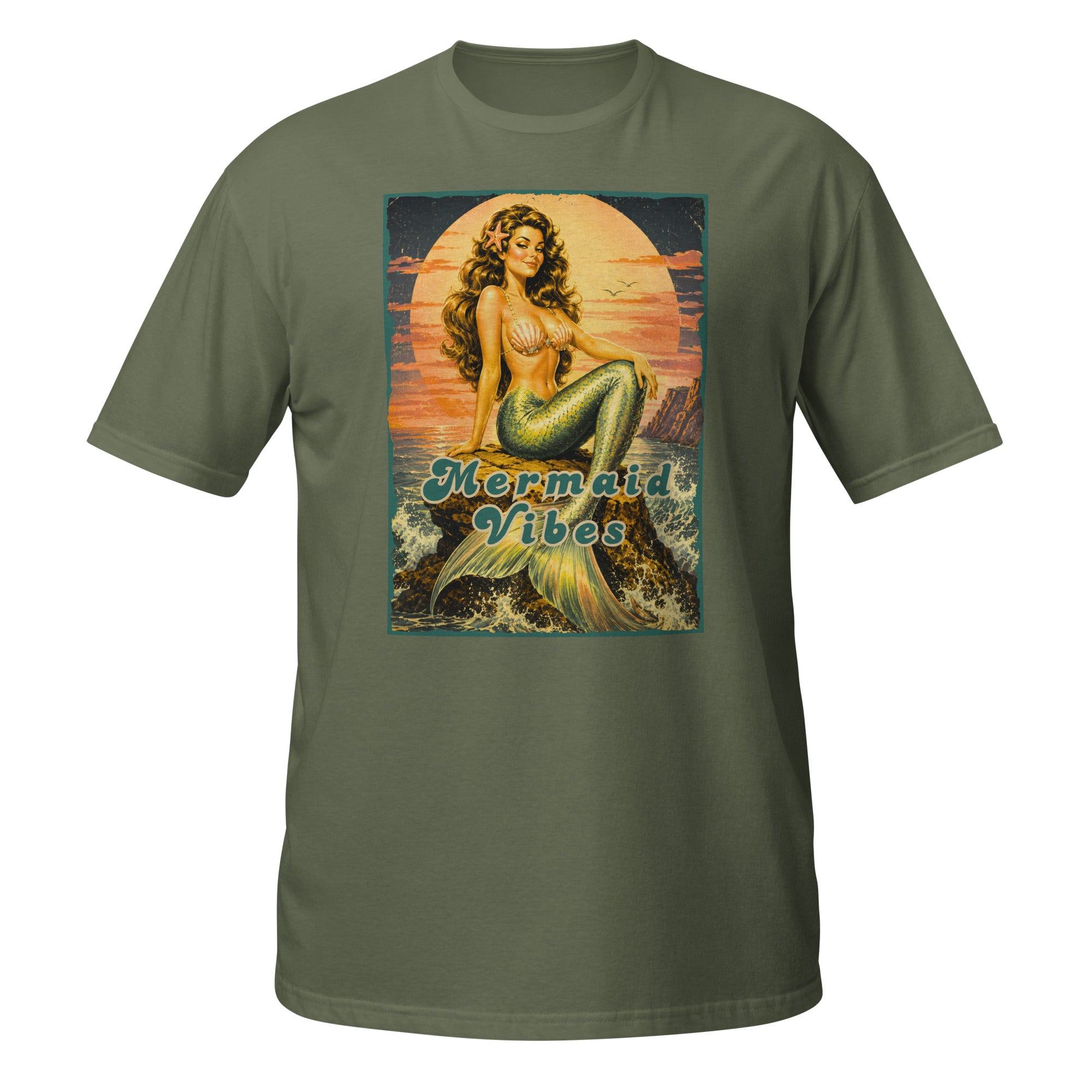 Channel your inner ocean goddess with this vintage-inspired Mermaid Vibes t-shirt featuring retro 70s pinup mermaid art and dreamy coastal vibes. 🐚✨ 