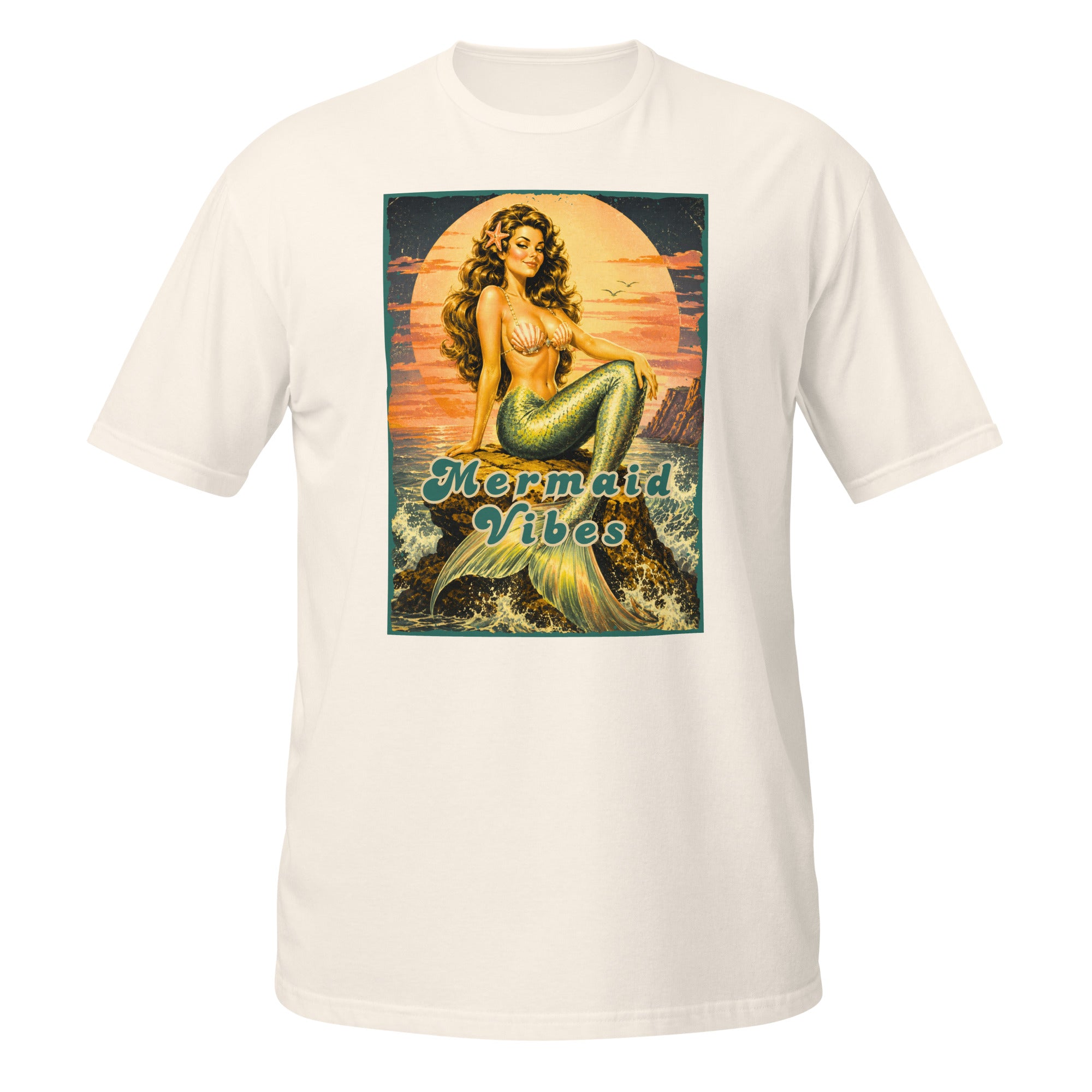 Channel your inner ocean goddess with this vintage-inspired Mermaid Vibes t-shirt featuring retro 70s pinup mermaid art and dreamy coastal vibes. 🐚✨ 