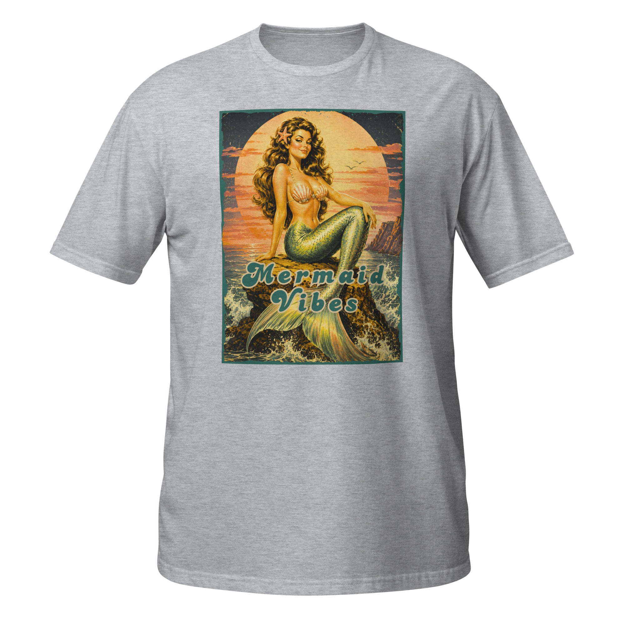 Channel your inner ocean goddess with this vintage-inspired Mermaid Vibes t-shirt featuring retro 70s pinup mermaid art and dreamy coastal vibes. 🐚✨ 