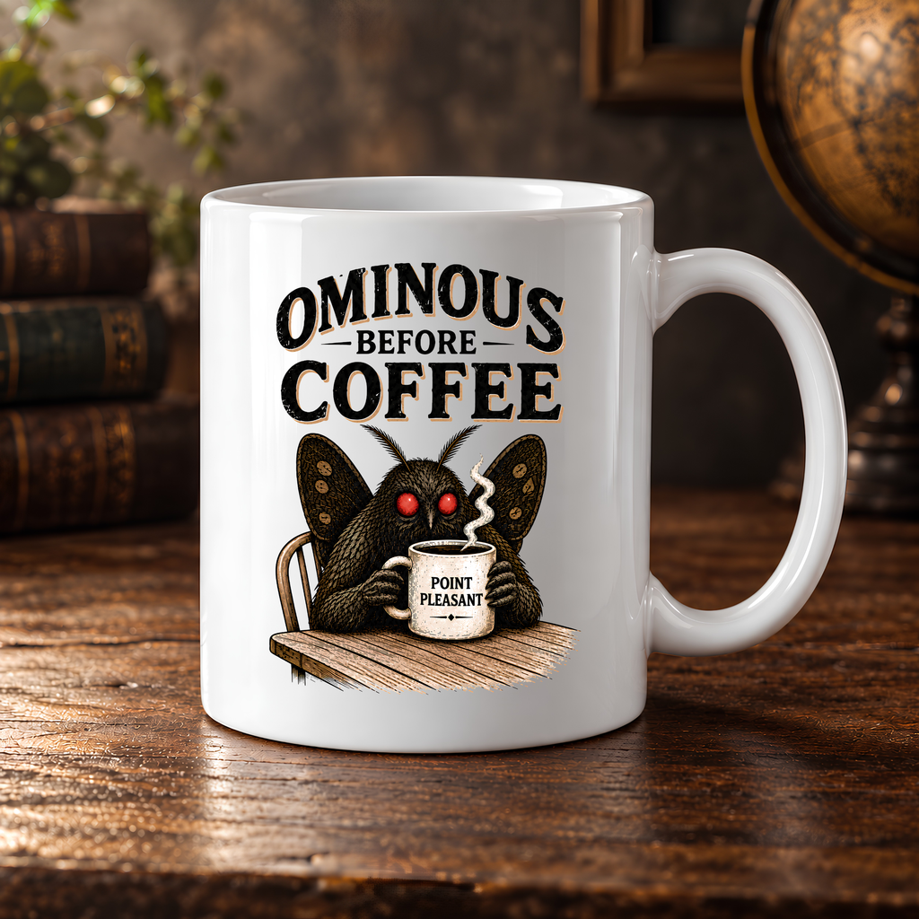 Vintage Mothman coffee mug featuring glowing red eyes and “Ominous Before Coffee” artwork. A funny cryptid gift for coffee lovers and folklore fans.