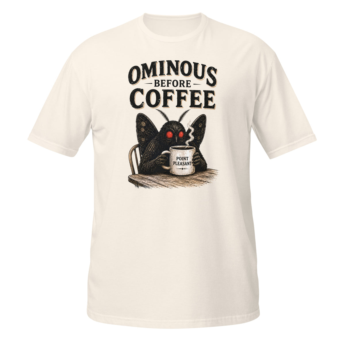 Vintage Mothman graphic tee featuring the legendary Point Pleasant cryptid clutching his morning coffee. A funny cryptid shirt for coffee lovers and folklore fans.