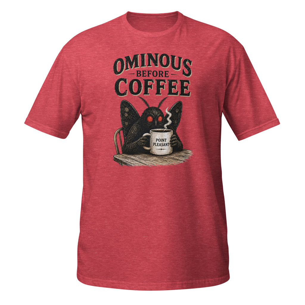 Vintage Mothman graphic tee featuring the legendary Point Pleasant cryptid clutching his morning coffee. A funny cryptid shirt for coffee lovers and folklore fans.