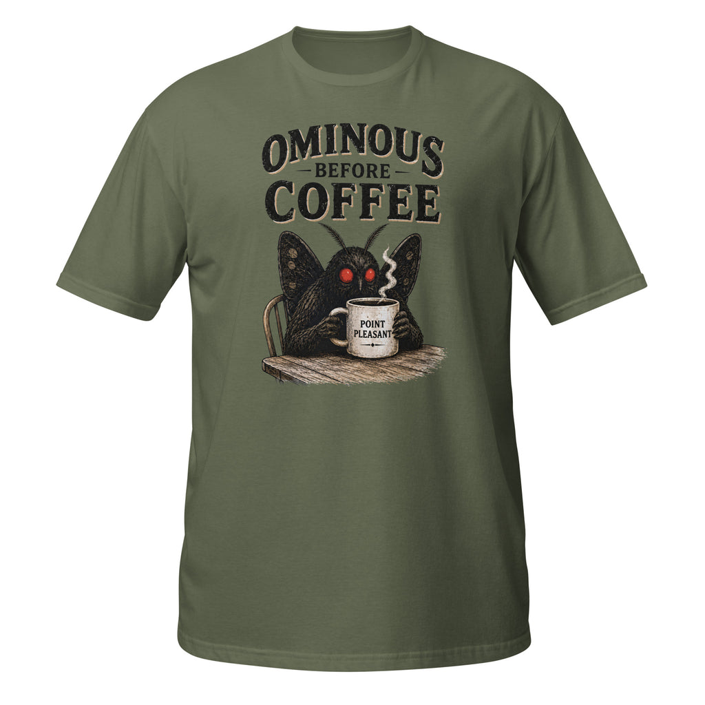 Vintage Mothman graphic tee featuring the legendary Point Pleasant cryptid clutching his morning coffee. A funny cryptid shirt for coffee lovers and folklore fans.