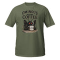 Vintage Mothman graphic tee featuring the legendary Point Pleasant cryptid clutching his morning coffee. A funny cryptid shirt for coffee lovers and folklore fans.