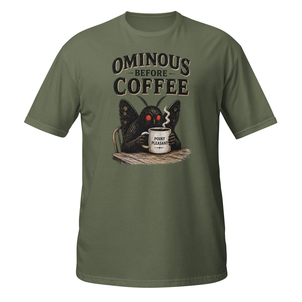 Vintage Mothman graphic tee featuring the legendary Point Pleasant cryptid clutching his morning coffee. A funny cryptid shirt for coffee lovers and folklore fans.