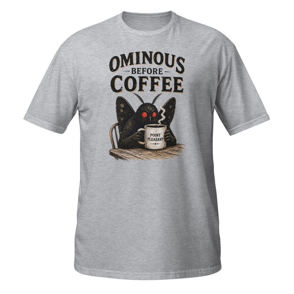 Vintage Mothman graphic tee featuring the legendary Point Pleasant cryptid clutching his morning coffee. A funny cryptid shirt for coffee lovers and folklore fans.
