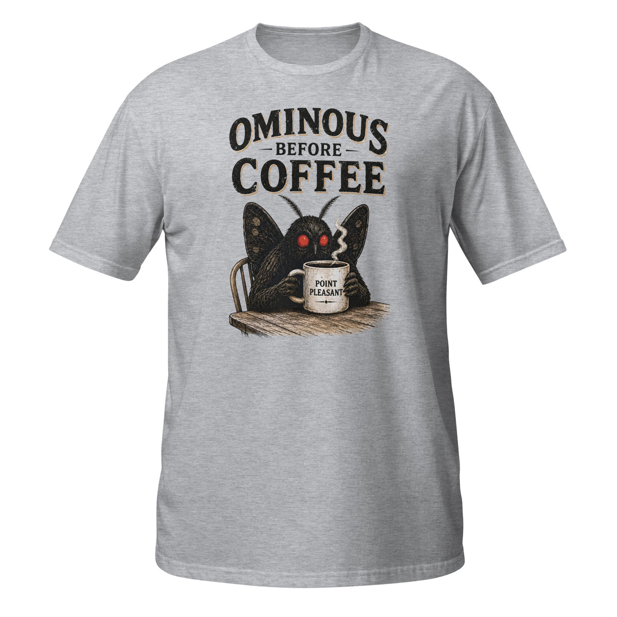 Vintage Mothman graphic tee featuring the legendary Point Pleasant cryptid clutching his morning coffee. A funny cryptid shirt for coffee lovers and folklore fans.