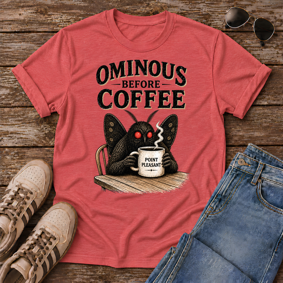 Vintage Mothman graphic tee featuring the legendary Point Pleasant cryptid clutching his morning coffee. A funny cryptid shirt for coffee lovers and folklore fans.