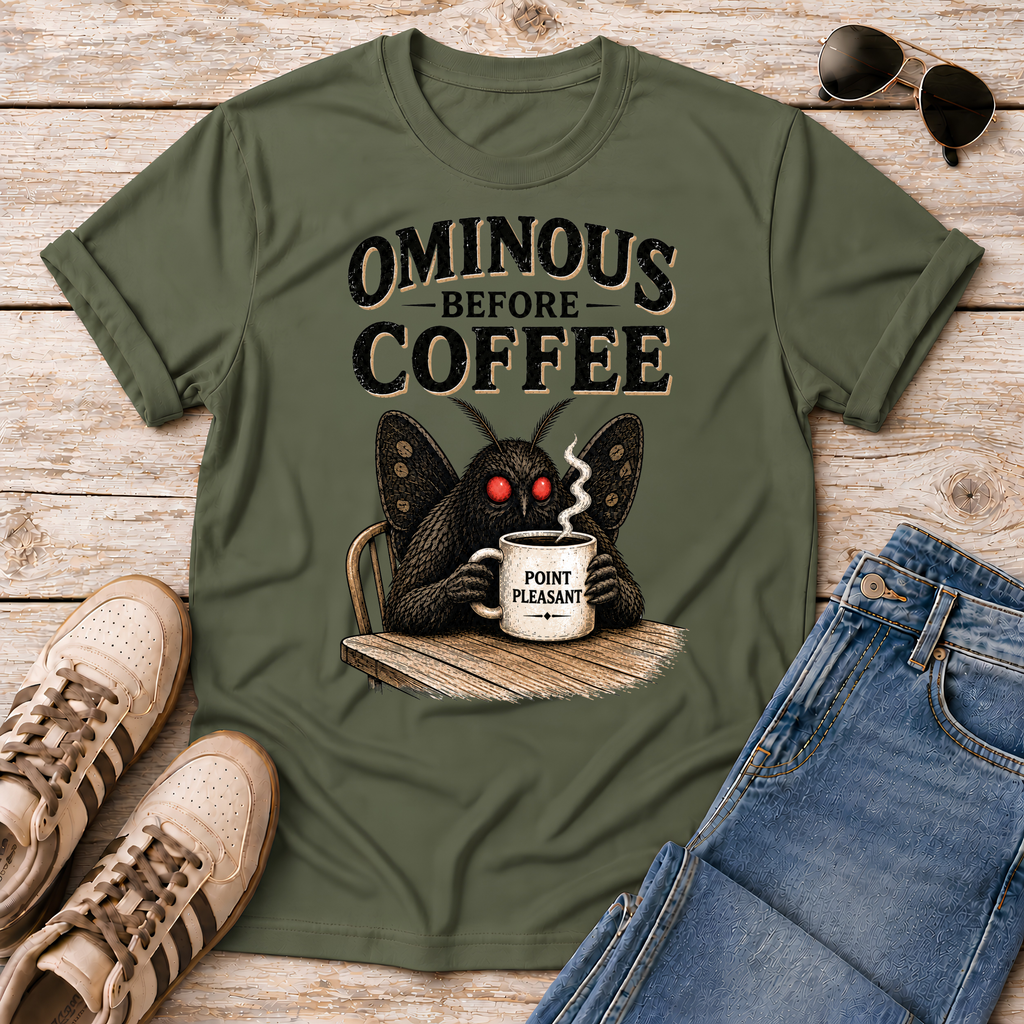 Vintage Mothman graphic tee featuring the legendary Point Pleasant cryptid clutching his morning coffee. A funny cryptid shirt for coffee lovers and folklore fans.