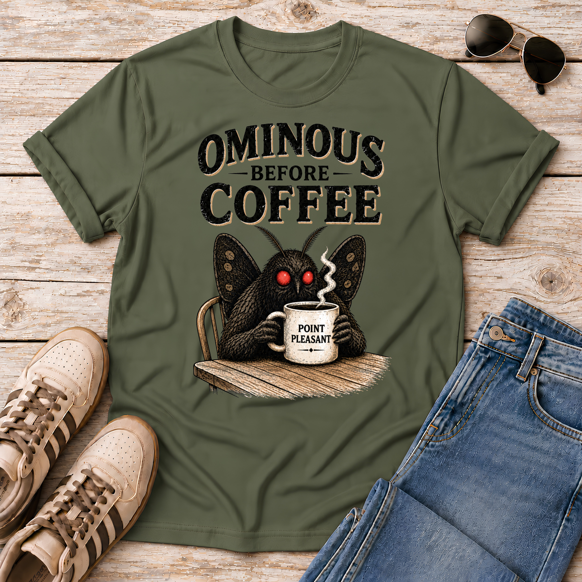 Vintage Mothman graphic tee featuring the legendary Point Pleasant cryptid clutching his morning coffee. A funny cryptid shirt for coffee lovers and folklore fans.