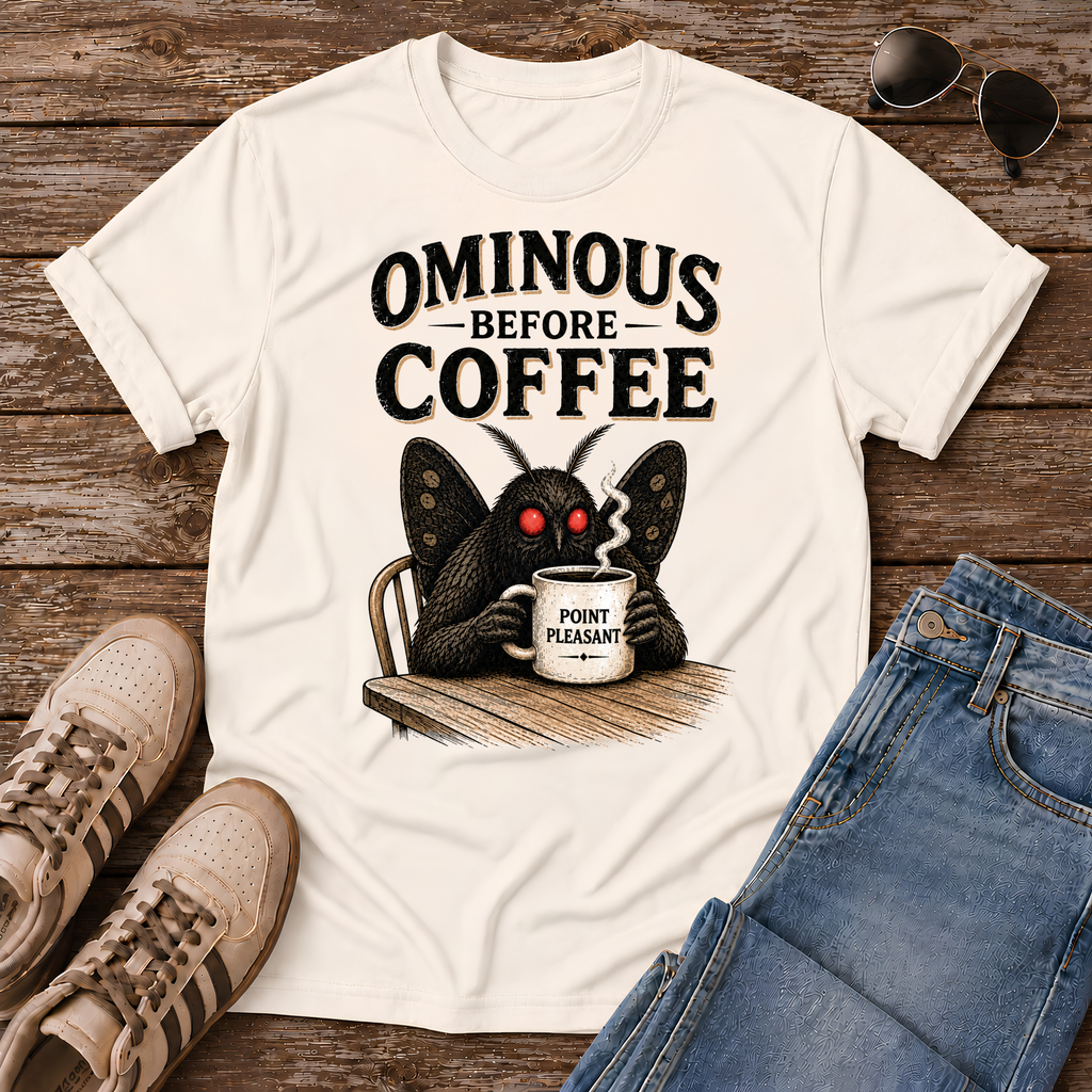 Vintage Mothman graphic tee featuring the legendary Point Pleasant cryptid clutching his morning coffee. A funny cryptid shirt for coffee lovers and folklore fans.