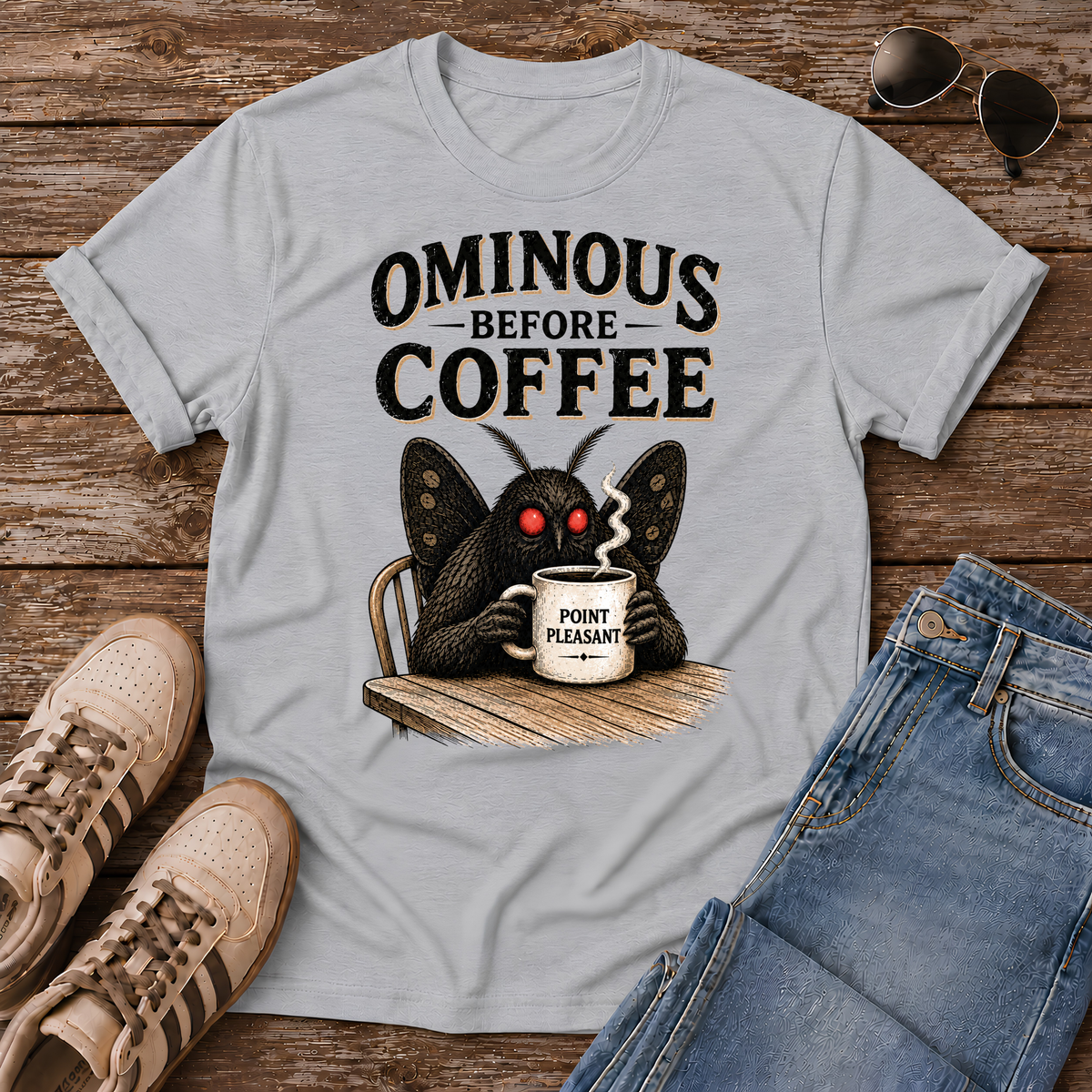Vintage Mothman graphic tee featuring the legendary Point Pleasant cryptid clutching his morning coffee. A funny cryptid shirt for coffee lovers and folklore fans.