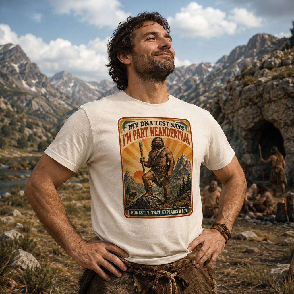 A man outdoors in a mountainous prehistoric-style setting wearing a cream graphic T-shirt with a dinosaur-themed print that reads 'MY DNA TEST SAYS I'M PART MEANDEXTRAL'.