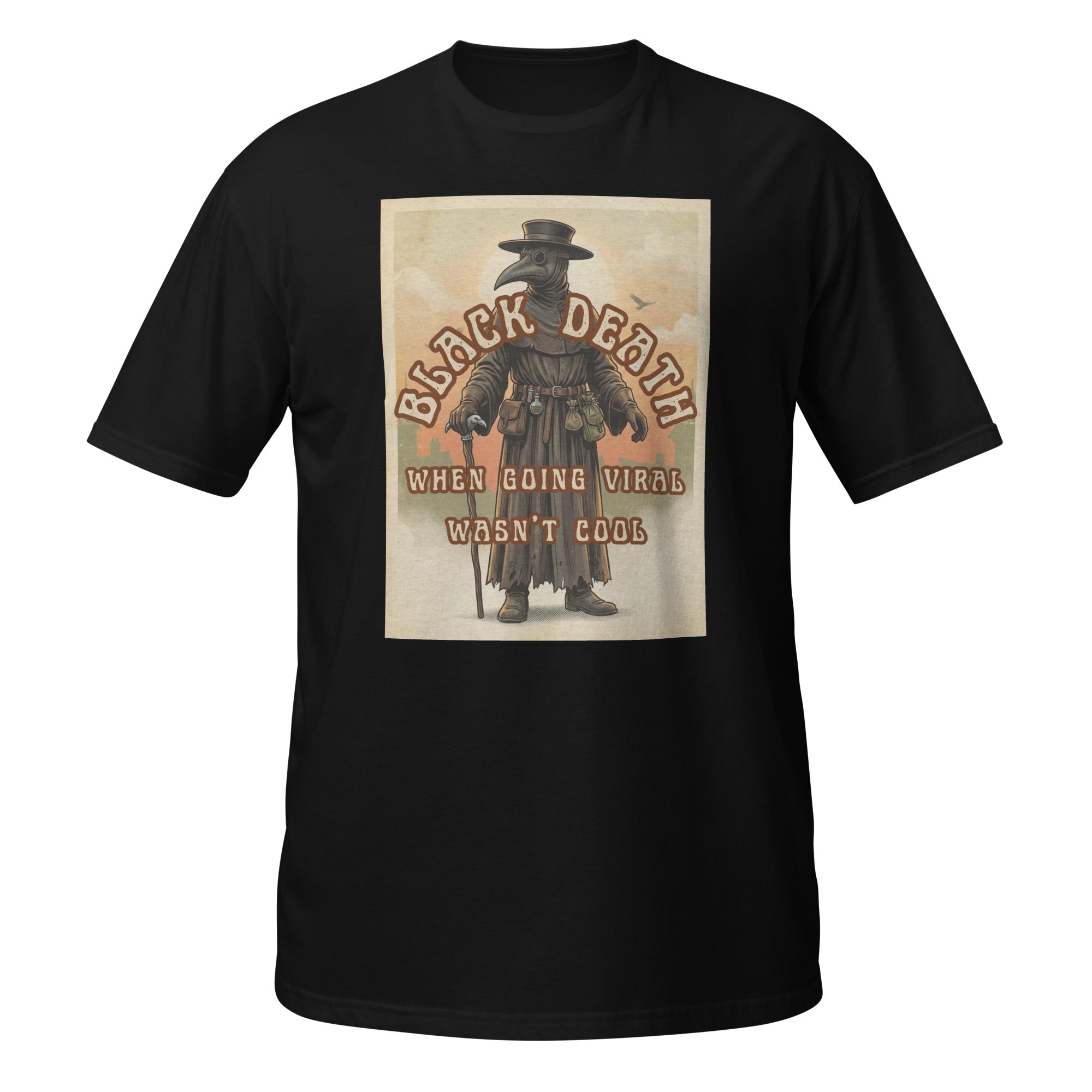Vintage retro plague doctor t-shirt with a 1970s aesthetic, medieval vibes, faded colors, and eerie charm. Perfect for history lovers & weirdos 🐀