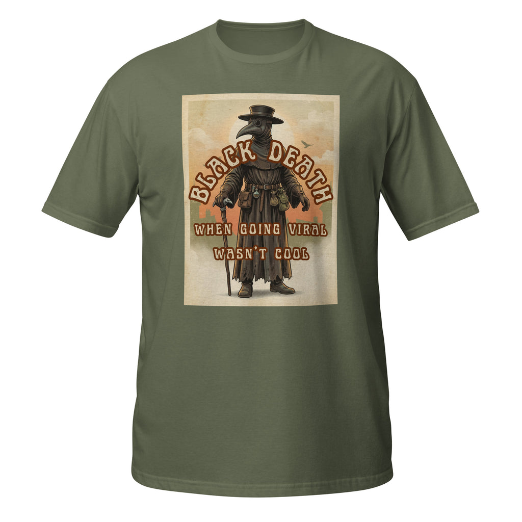 Vintage retro plague doctor t-shirt with a 1970s aesthetic, medieval vibes, faded colors, and eerie charm. Perfect for history lovers & weirdos 🐀