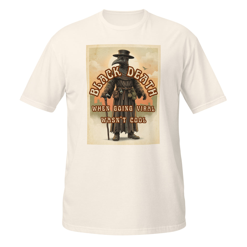 Vintage retro plague doctor t-shirt with a 1970s aesthetic, medieval vibes, faded colors, and eerie charm. Perfect for history lovers & weirdos 🐀