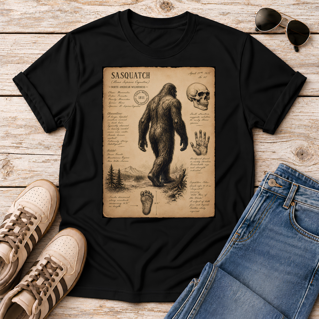 Shop the 1811 Sasquatch Naturalist Tee. Vintage field sketch style inspired by the 1811 Jasper cryptid sighting. Perfect for Bigfoot believers!