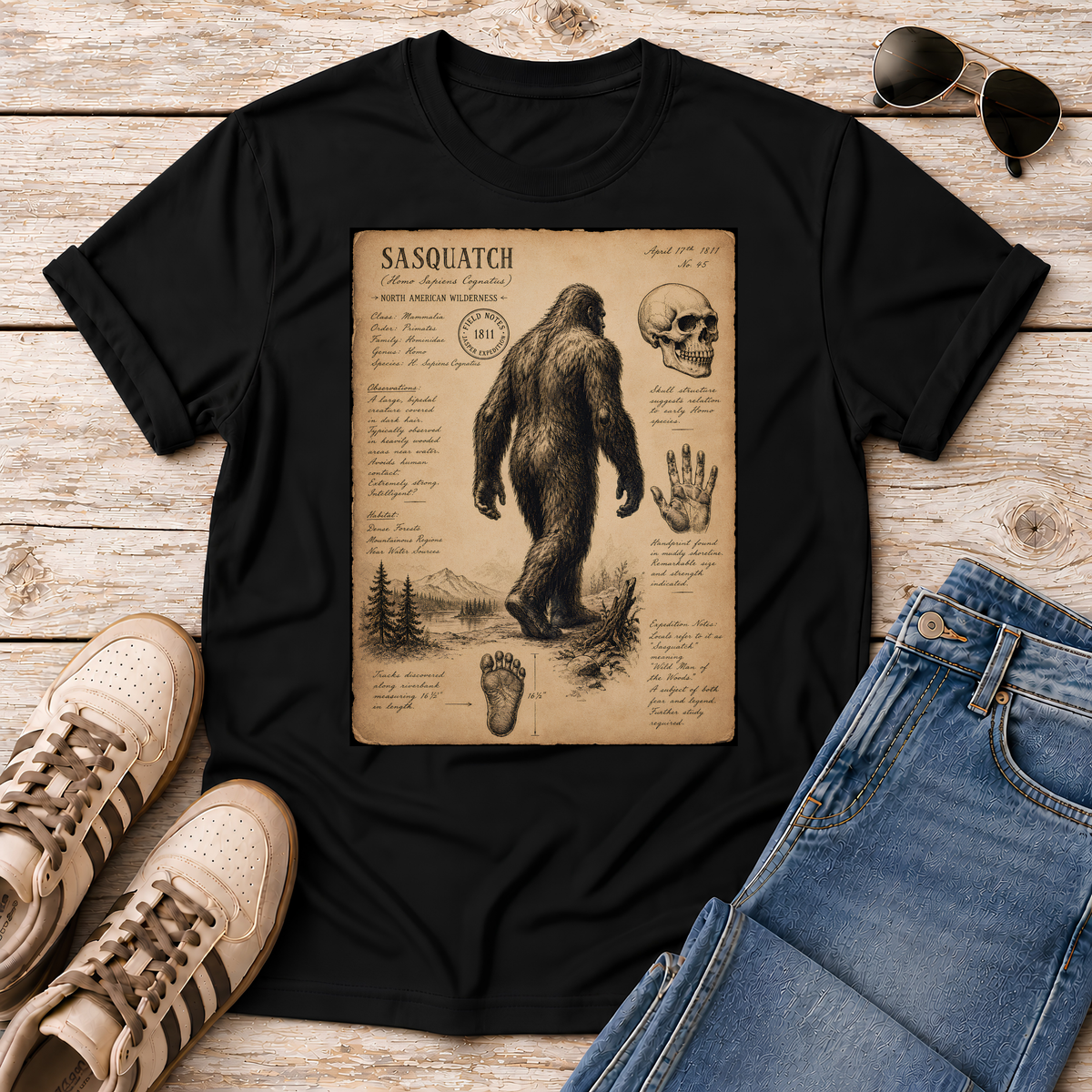Shop the 1811 Sasquatch Naturalist Tee. Vintage field sketch style inspired by the 1811 Jasper cryptid sighting. Perfect for Bigfoot believers!