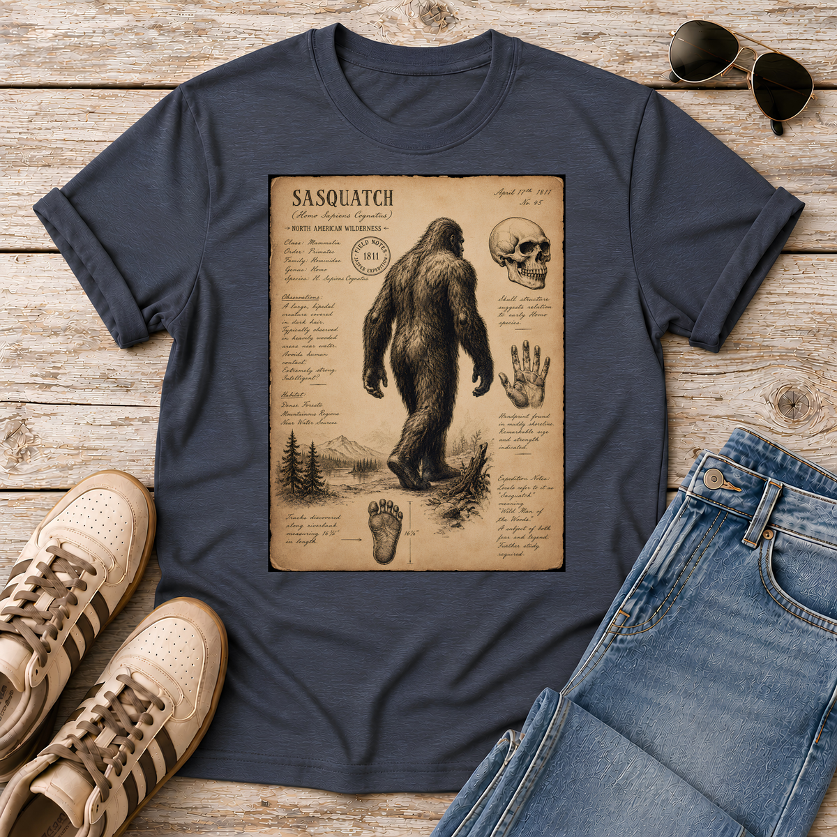 Shop the 1811 Sasquatch Naturalist Tee. Vintage field sketch style inspired by the 1811 Jasper cryptid sighting. Perfect for Bigfoot believers!