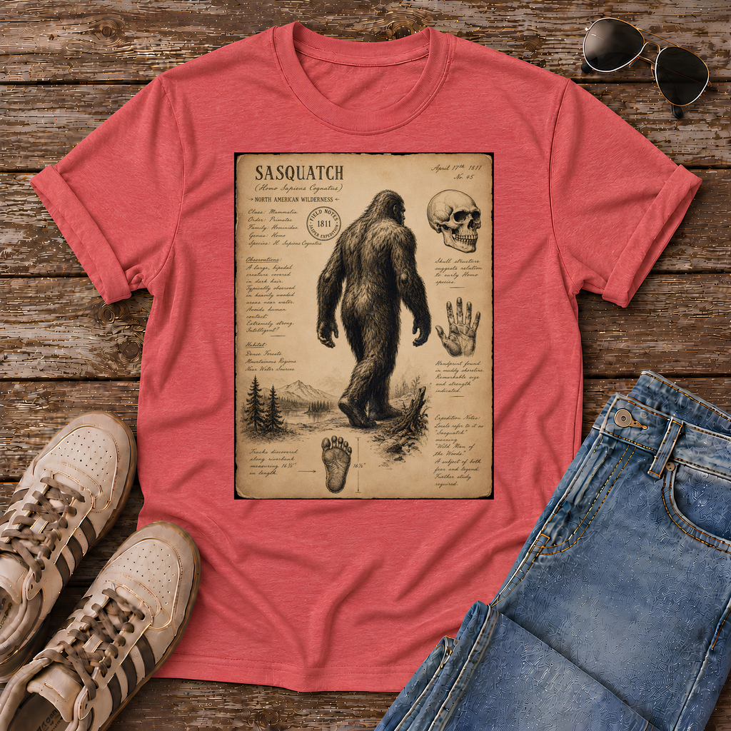 Shop the 1811 Sasquatch Naturalist Tee. Vintage field sketch style inspired by the 1811 Jasper cryptid sighting. Perfect for Bigfoot believers!