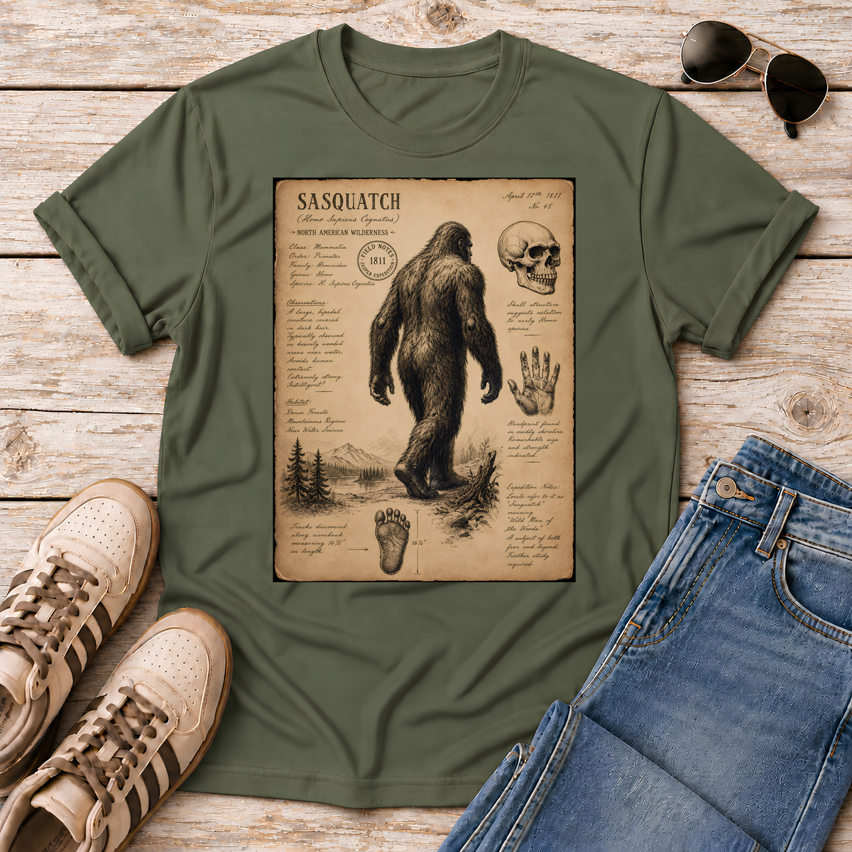 Shop the 1811 Sasquatch Naturalist Tee. Vintage field sketch style inspired by the 1811 Jasper cryptid sighting. Perfect for Bigfoot believers!