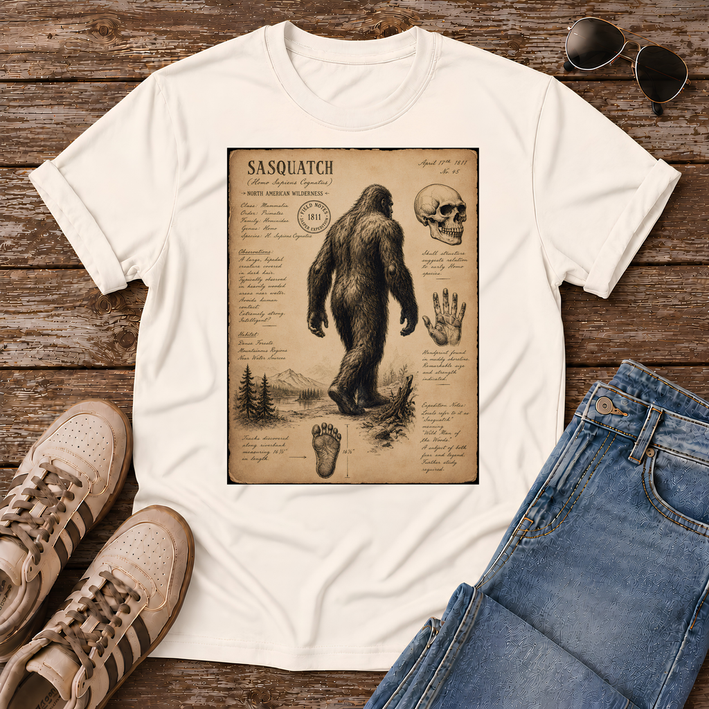 Shop the 1811 Sasquatch Naturalist Tee. Vintage field sketch style inspired by the 1811 Jasper cryptid sighting. Perfect for Bigfoot believers!