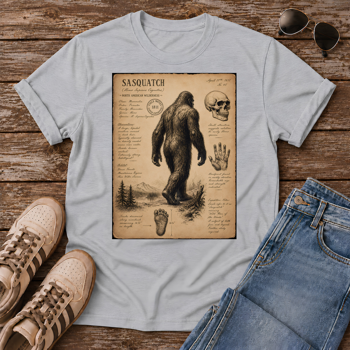 Shop the 1811 Sasquatch Naturalist Tee. Vintage field sketch style inspired by the 1811 Jasper cryptid sighting. Perfect for Bigfoot believers!