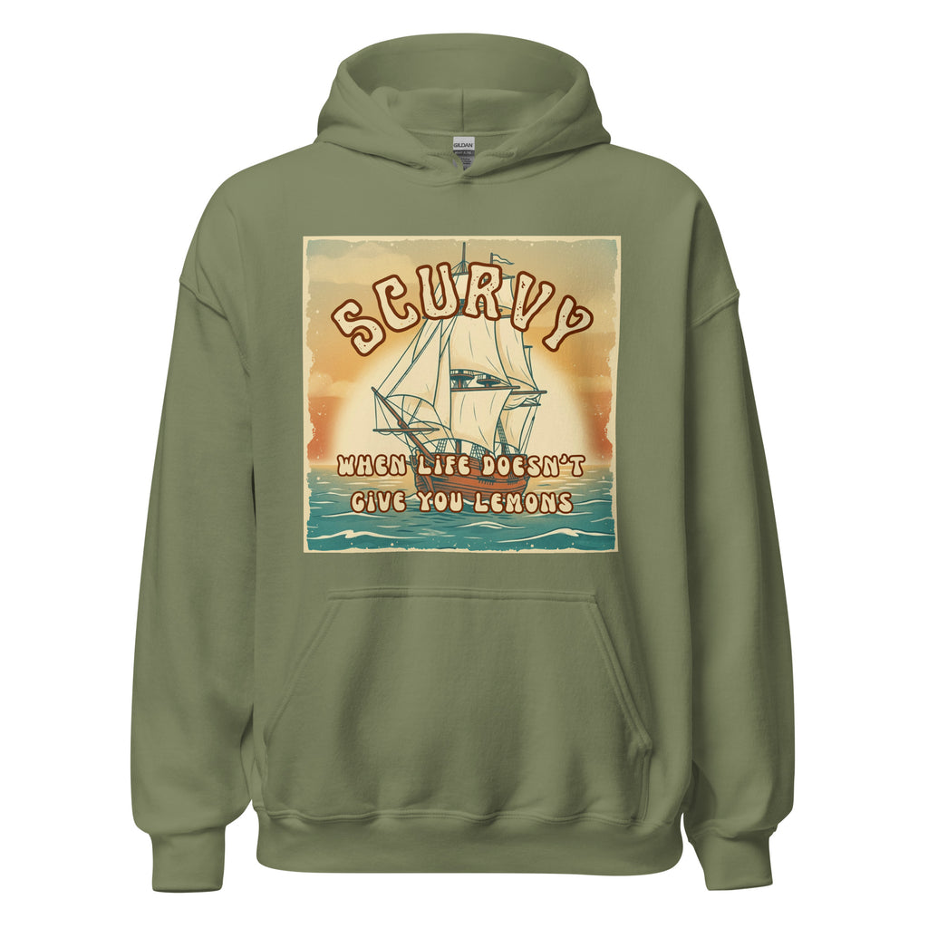 Scurvy – when life doesn’t give you lemons 🍋 A cozy vintage 70s-style hoodie with retro vibes, soft feel, and a dark humor twist. Perfect for everyday wear.