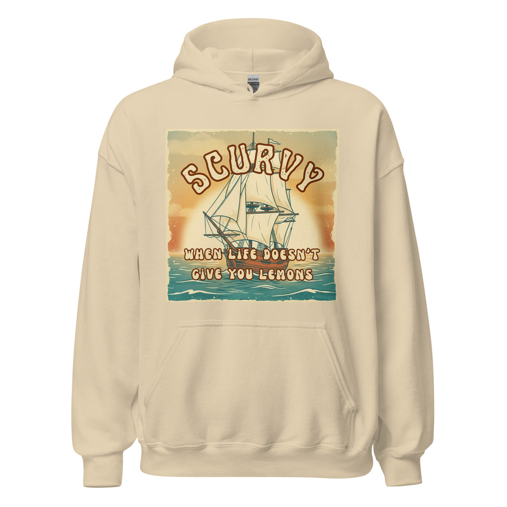 Scurvy – when life doesn’t give you lemons 🍋 A cozy vintage 70s-style hoodie with retro vibes, soft feel, and a dark humor twist. Perfect for everyday wear.