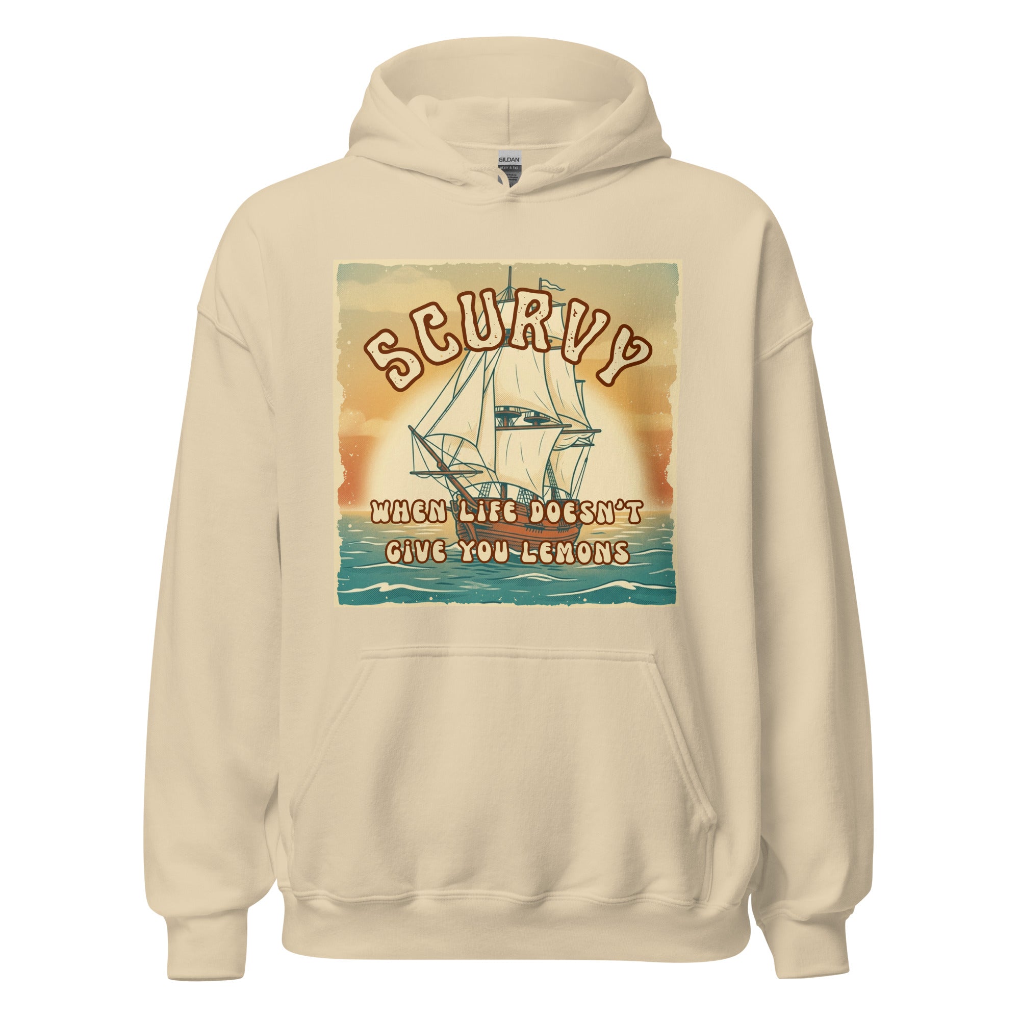 Scurvy – when life doesn’t give you lemons 🍋 A cozy vintage 70s-style hoodie with retro vibes, soft feel, and a dark humor twist. Perfect for everyday wear.