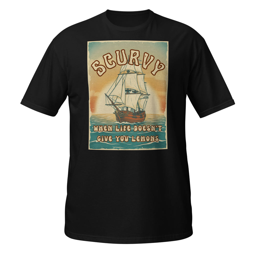 Scurvy – when life doesn’t give you lemons 🍋 A funny vintage 70s-style t-shirt with retro vibes, soft feel, and a dark humor twist. Perfect for everyday wear.