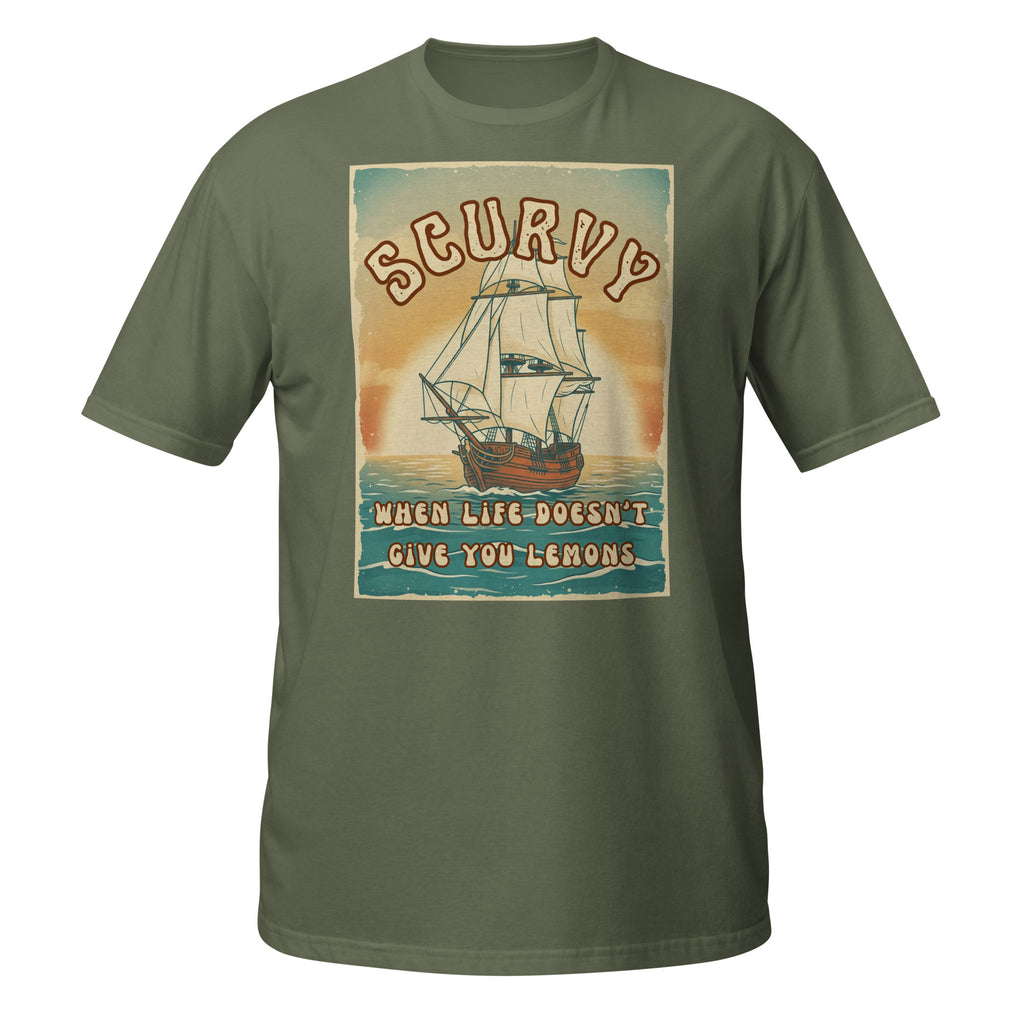 Scurvy – when life doesn’t give you lemons 🍋 A funny vintage 70s-style t-shirt with retro vibes, soft feel, and a dark humor twist. Perfect for everyday wear.