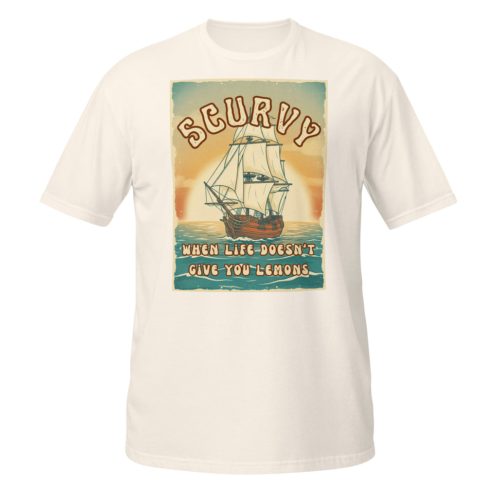 Scurvy – when life doesn’t give you lemons 🍋 A funny vintage 70s-style t-shirt with retro vibes, soft feel, and a dark humor twist. Perfect for everyday wear.