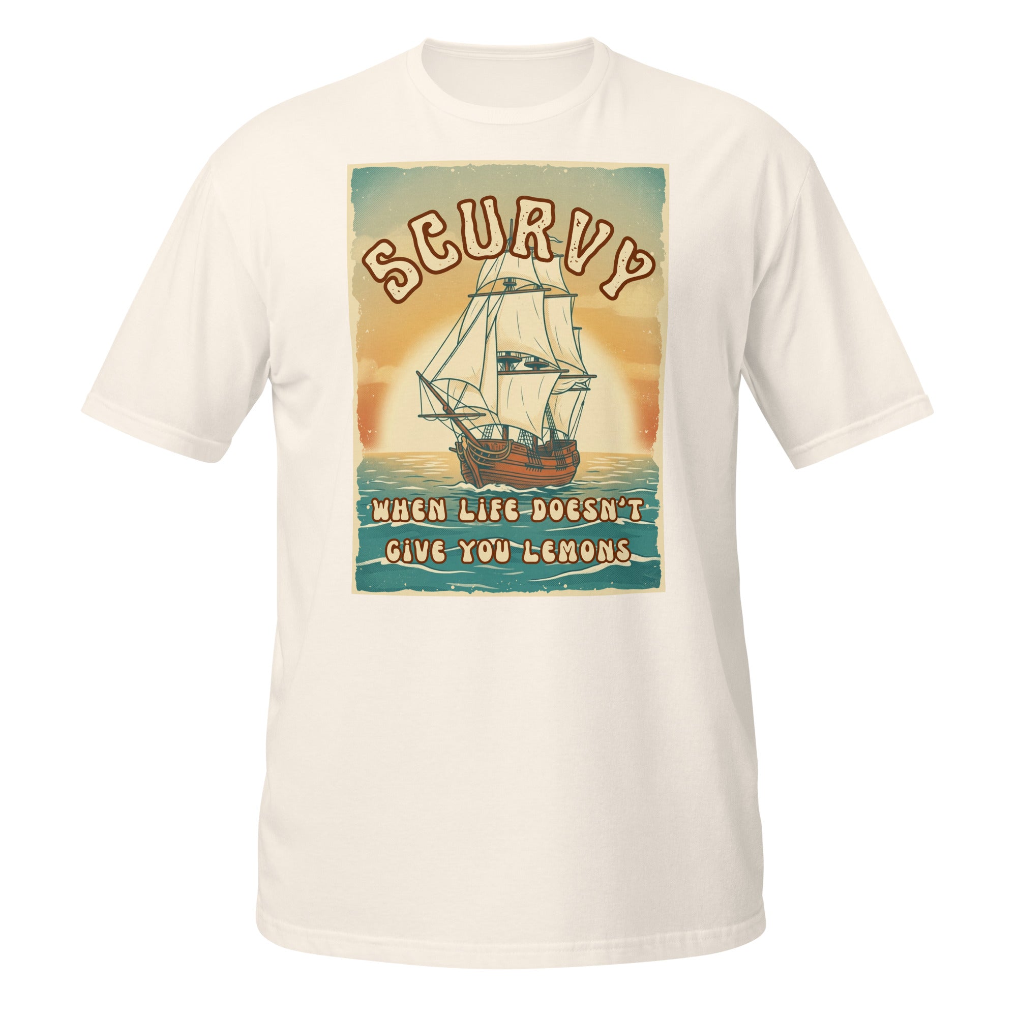 Scurvy – when life doesn’t give you lemons 🍋 A funny vintage 70s-style t-shirt with retro vibes, soft feel, and a dark humor twist. Perfect for everyday wear.