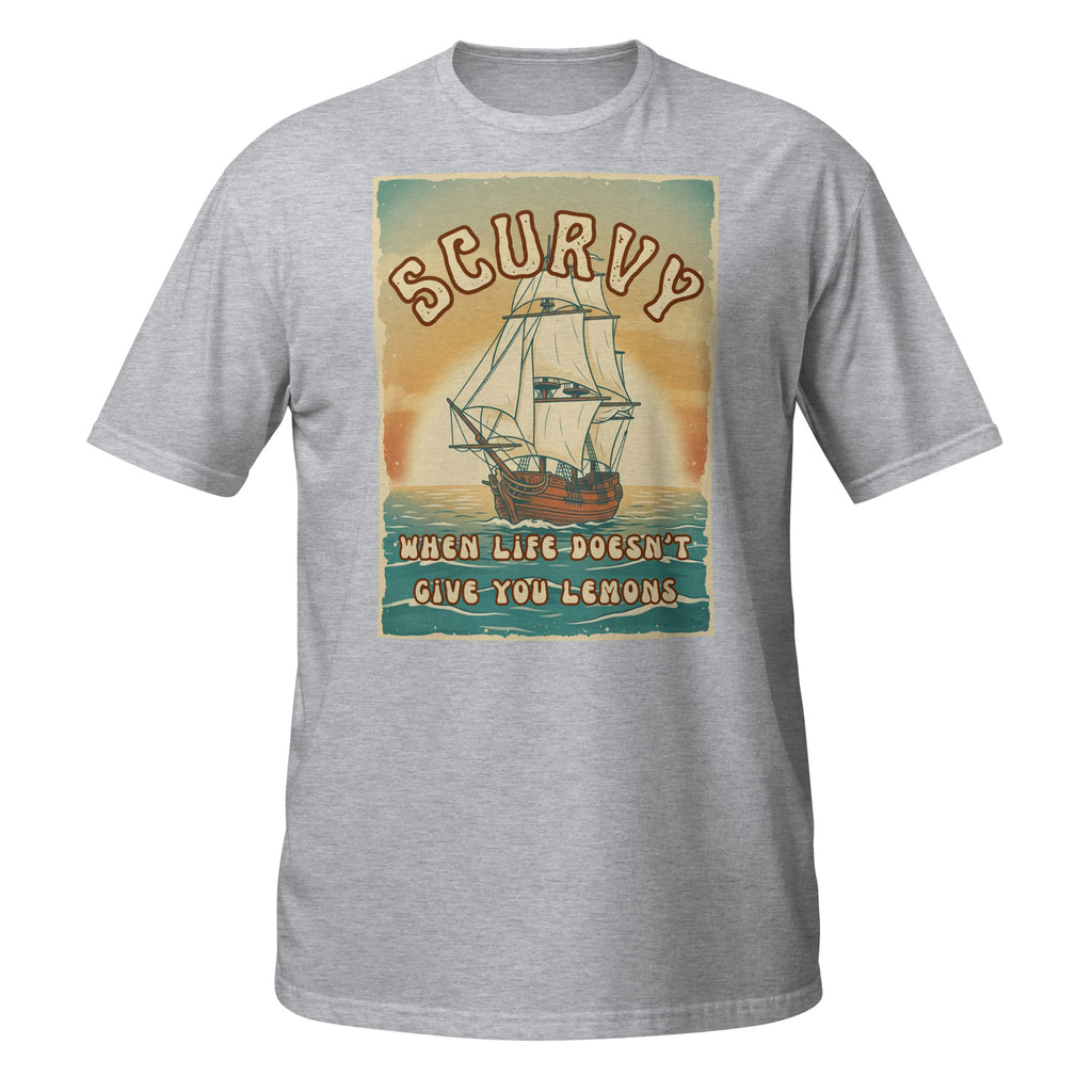 Scurvy – when life doesn’t give you lemons 🍋 A funny vintage 70s-style t-shirt with retro vibes, soft feel, and a dark humor twist. Perfect for everyday wear.