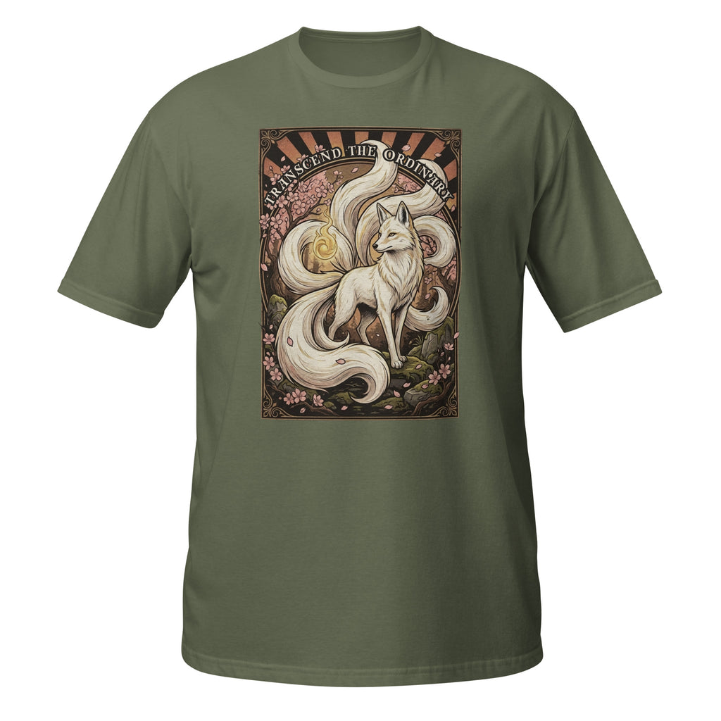 🦊 Vintage Kitsune t-shirt inspired by Japanese folklore. Features retro 70s fantasy artwork and “Transcend the Ordinary” design ✨