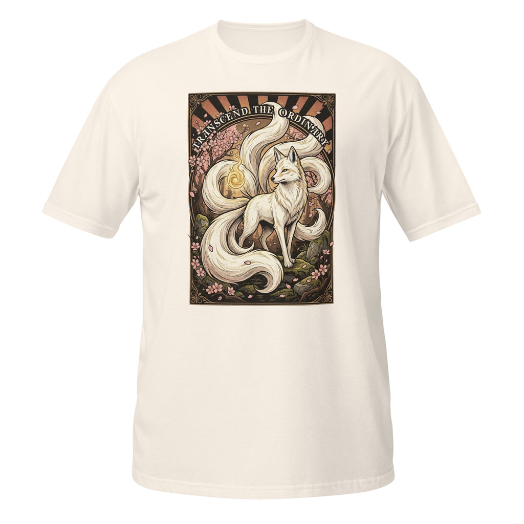 🦊 Vintage Kitsune t-shirt inspired by Japanese folklore. Features retro 70s fantasy artwork and “Transcend the Ordinary” design ✨