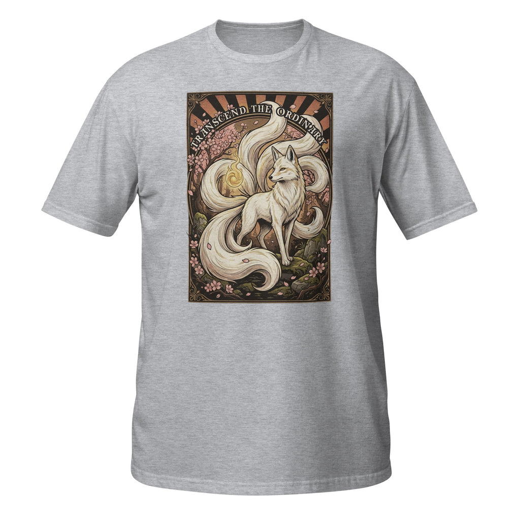 🦊 Vintage Kitsune t-shirt inspired by Japanese folklore. Features retro 70s fantasy artwork and “Transcend the Ordinary” design ✨