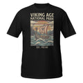 Set sail into history with our Viking Age National Park t-shirt. Featuring a vintage retro travel-poster design with a Viking longship, this soft history tee is perfect for Viking enthusiasts, Norse mythology fans, and history lovers. ⚓🛡️📜