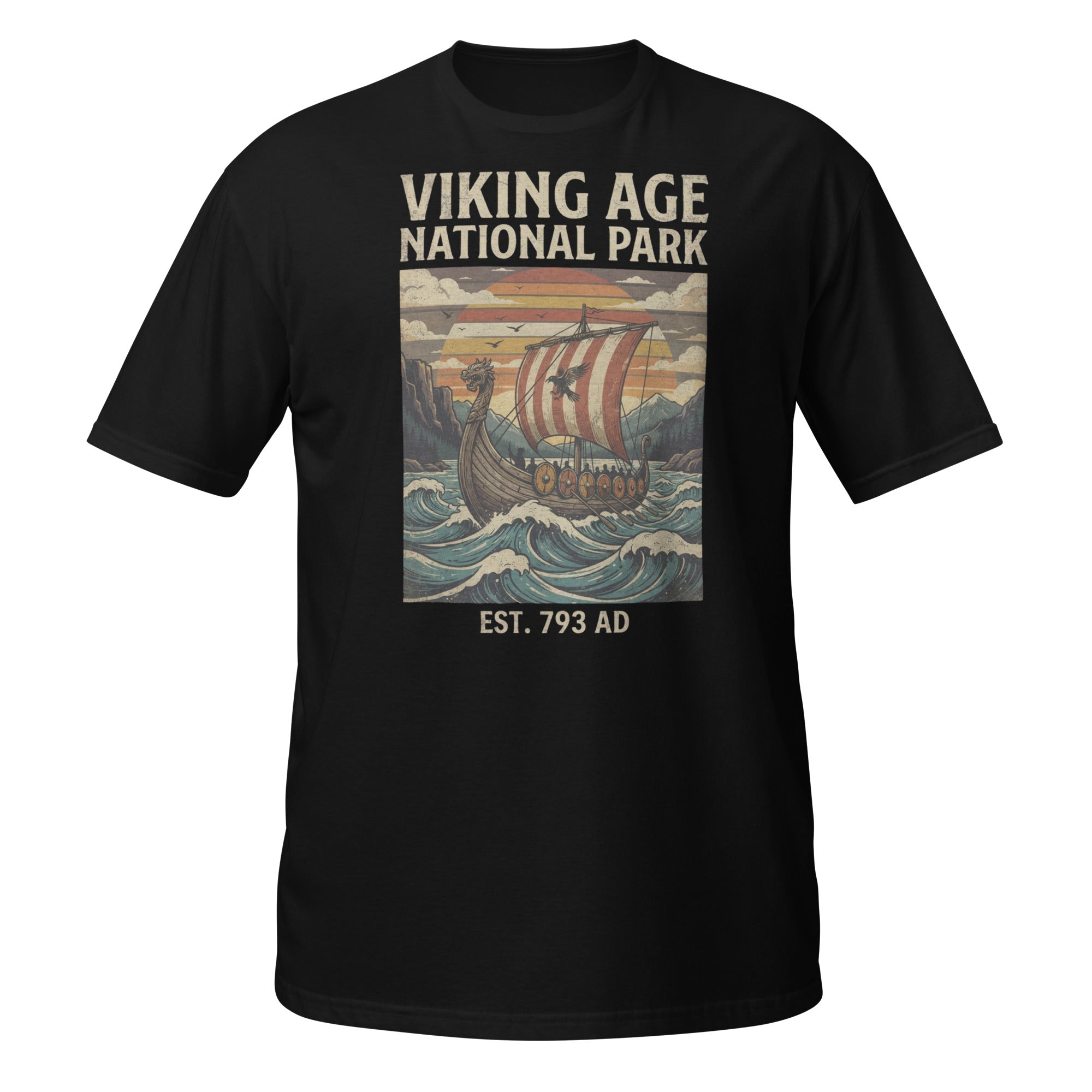 Set sail into history with our Viking Age National Park t-shirt. Featuring a vintage retro travel-poster design with a Viking longship, this soft history tee is perfect for Viking enthusiasts, Norse mythology fans, and history lovers. ⚓🛡️📜