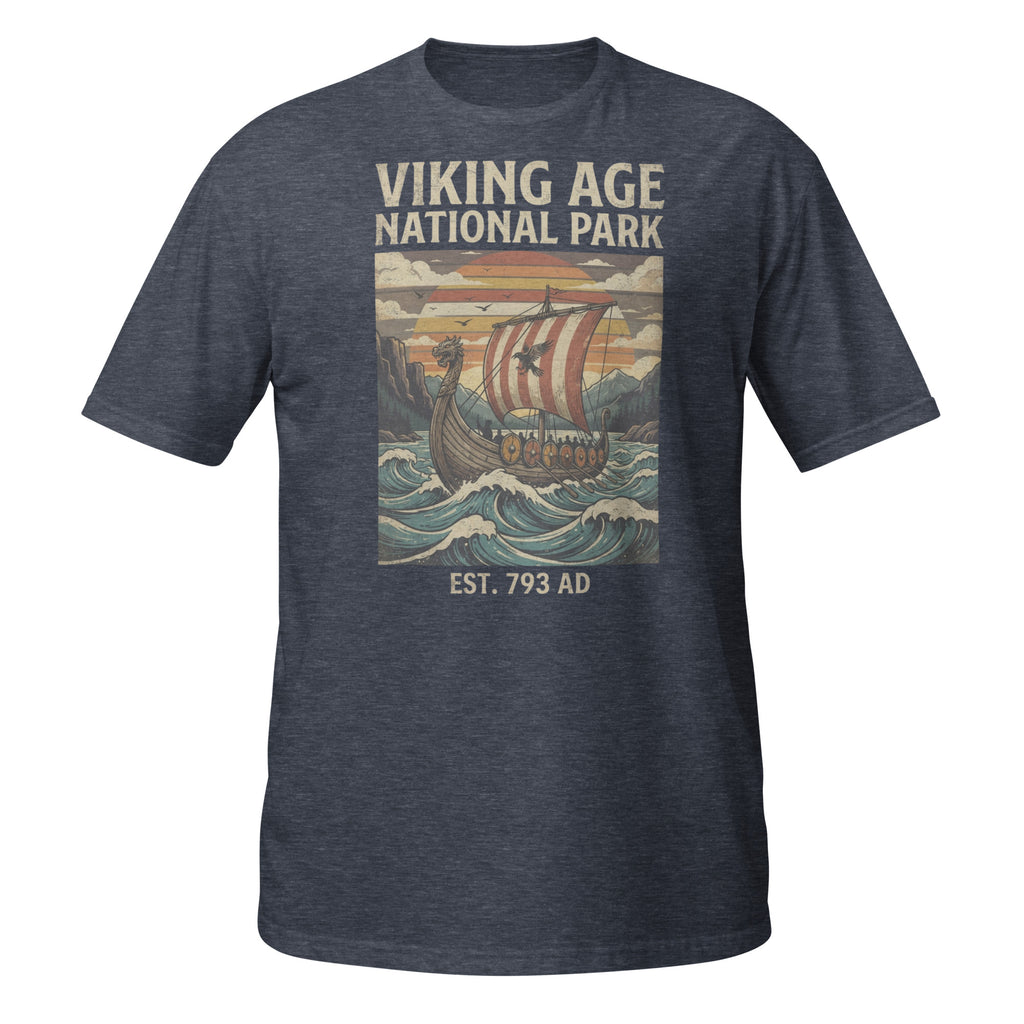 Set sail into history with our Viking Age National Park t-shirt. Featuring a vintage retro travel-poster design with a Viking longship, this soft history tee is perfect for Viking enthusiasts, Norse mythology fans, and history lovers. ⚓🛡️📜