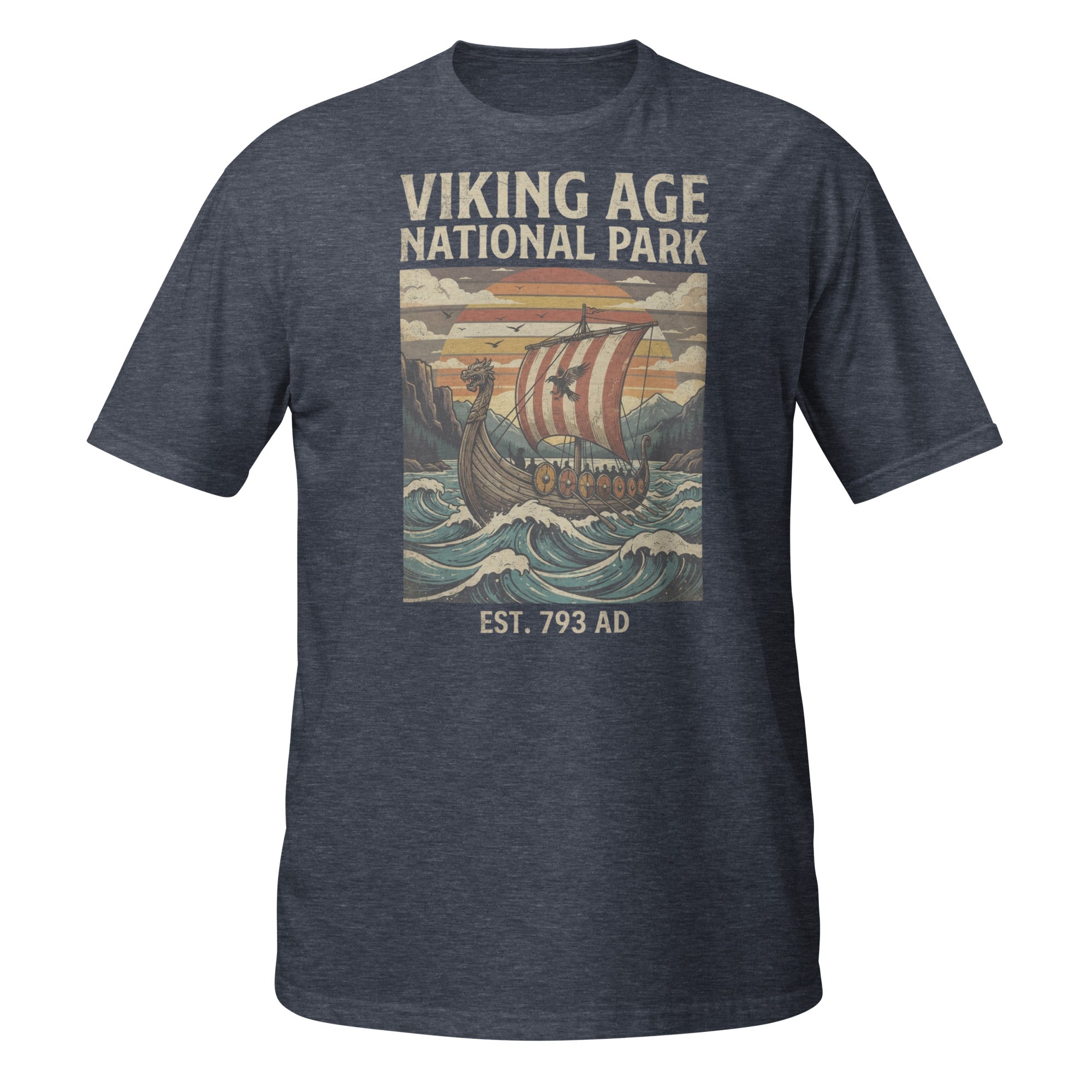 Set sail into history with our Viking Age National Park t-shirt. Featuring a vintage retro travel-poster design with a Viking longship, this soft history tee is perfect for Viking enthusiasts, Norse mythology fans, and history lovers. ⚓🛡️📜