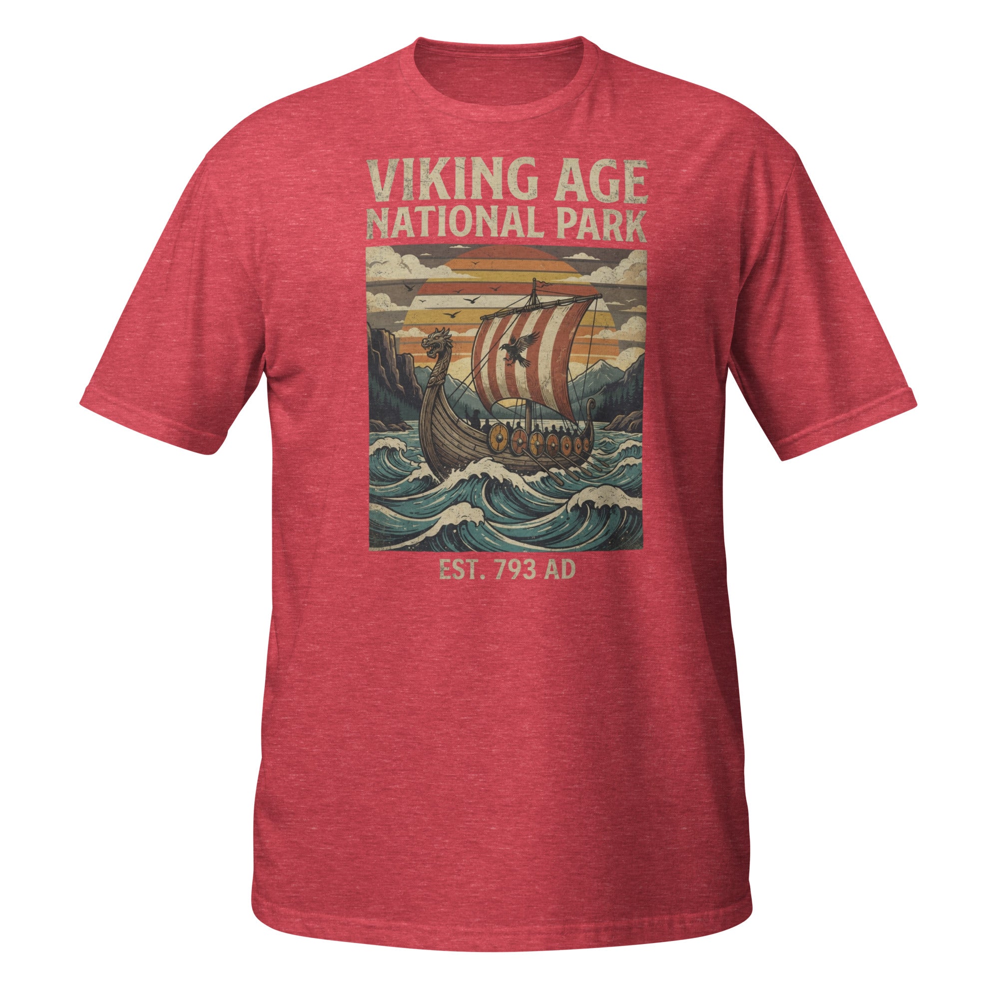 Set sail into history with our Viking Age National Park t-shirt. Featuring a vintage retro travel-poster design with a Viking longship, this soft history tee is perfect for Viking enthusiasts, Norse mythology fans, and history lovers. ⚓🛡️📜