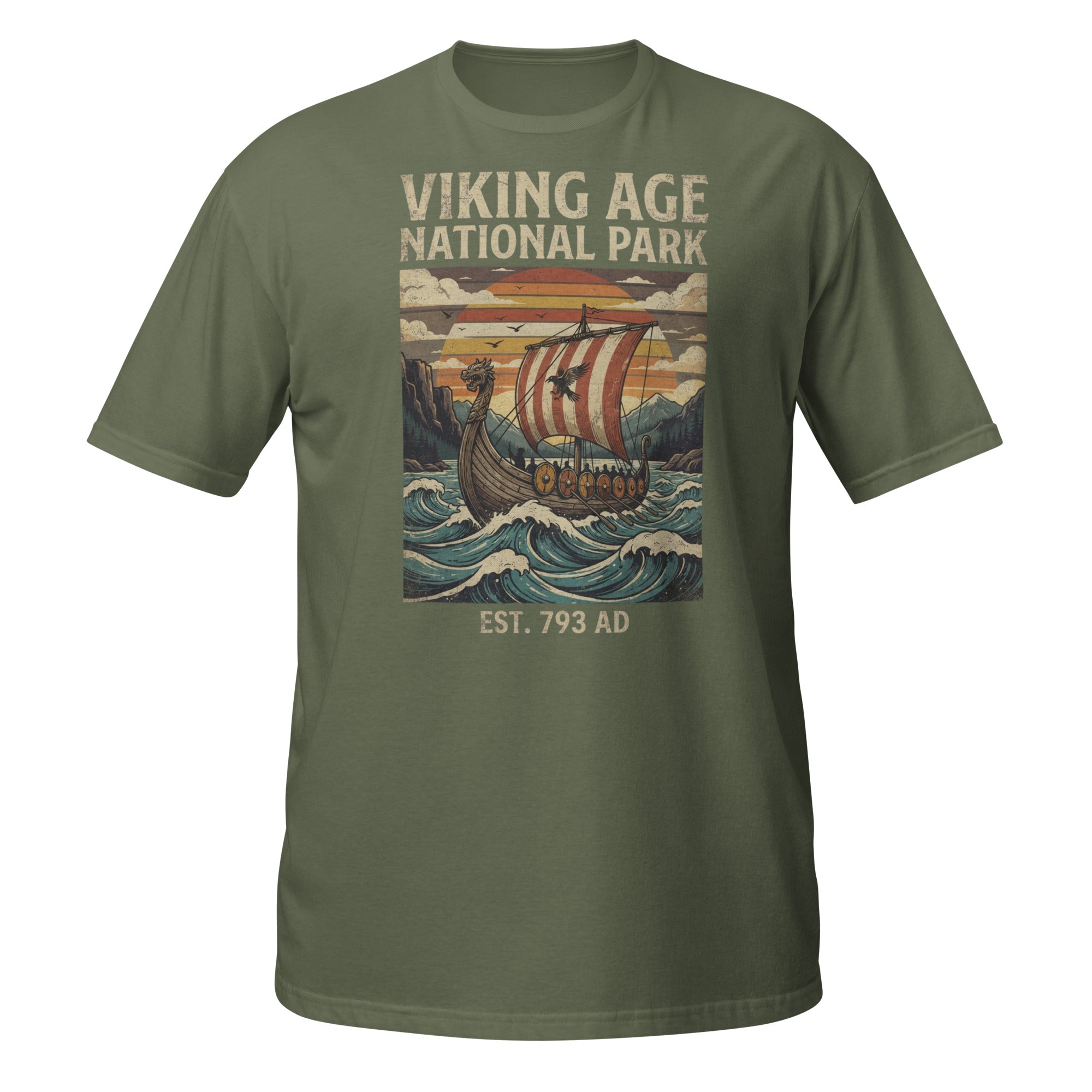 Set sail into history with our Viking Age National Park t-shirt. Featuring a vintage retro travel-poster design with a Viking longship, this soft history tee is perfect for Viking enthusiasts, Norse mythology fans, and history lovers. ⚓🛡️📜