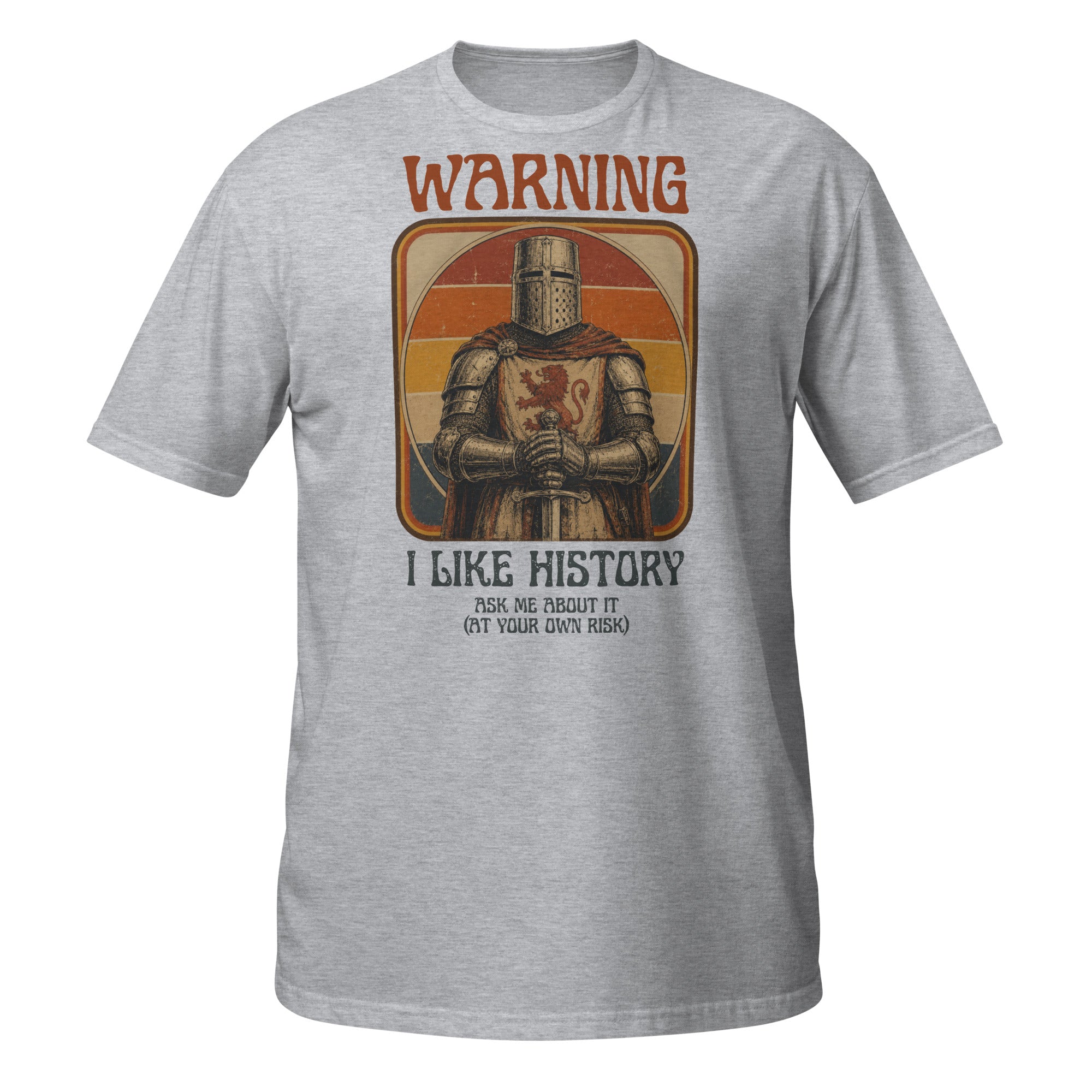 Warning: I Like History – Ask Me About It! Funny vintage history t-shirt featuring a medieval knight and retro 1970s design. Perfect gift for history buffs, teachers, museum lovers, and medieval enthusiasts ⚔️📚
