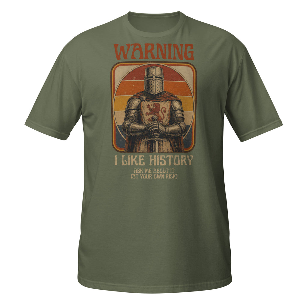 Warning: I Like History – Ask Me About It! Funny vintage history t-shirt featuring a medieval knight and retro 1970s design. Perfect gift for history buffs, teachers, museum lovers, and medieval enthusiasts ⚔️📚